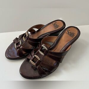 Sofft Womens Slides Sandals Brown Gold Buckles Cork Heel Wedge Slip On US 7.5 M